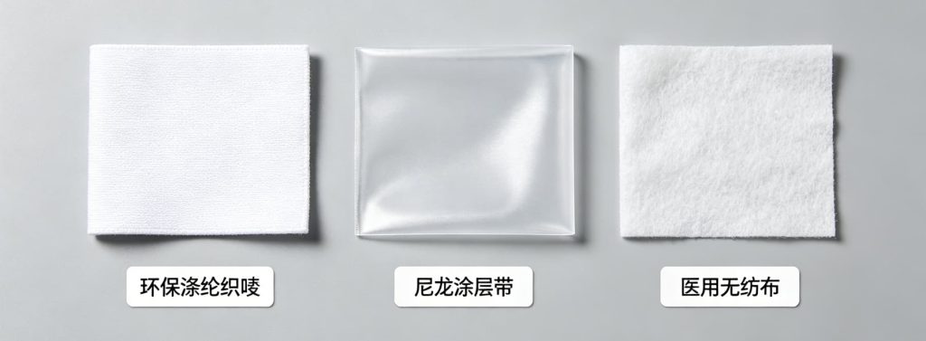 环保洗水标材质对比，涤纶织唛、尼龙涂层带、医用无纺布实拍