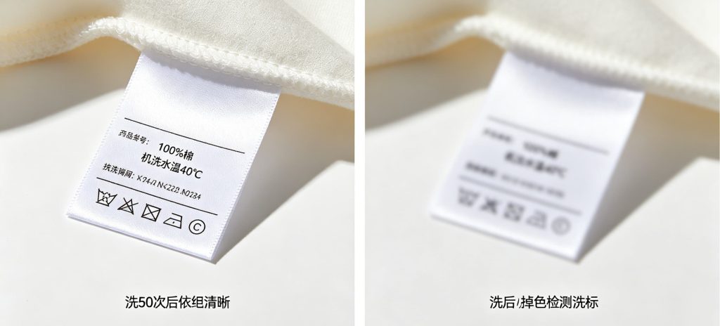 高耐用缎面织唛洗水标细节，清晰印刷字体与厚实基材展示