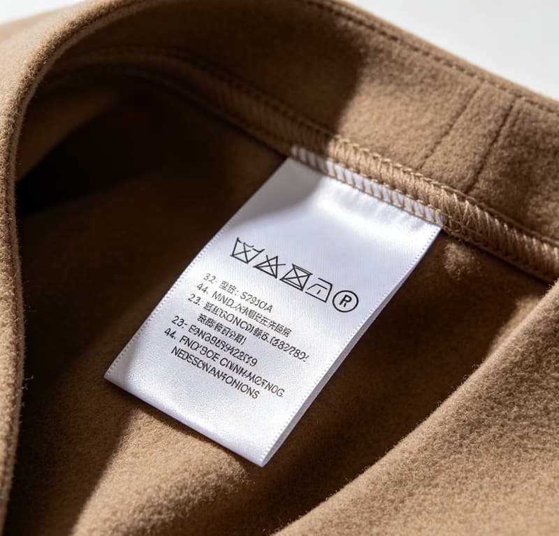 服装洗水标应用实拍图，特写展示高质量服装内部的成分标与洗涤说明标签