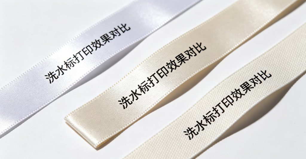尼龙带、缎面带、棉带三种水洗标材质打印效果对比展示