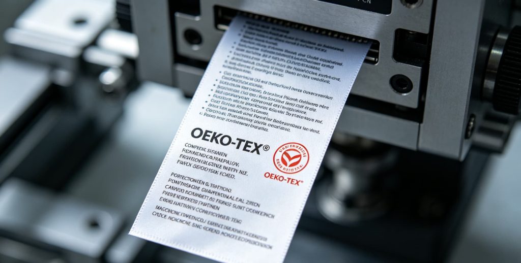 洗水标 (16) OEKO 认证环保洗水标细节特写,无荧光婴童服饰专用水洗标签