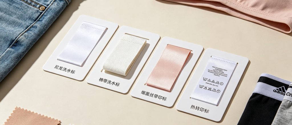 尼龙洗水标与其他洗水标区别 尼龙洗水标与棉带、丝带、热转印洗水标材质对比图,白色水洗唛、缎面印唛、棉带标签和热转印标签样品展示