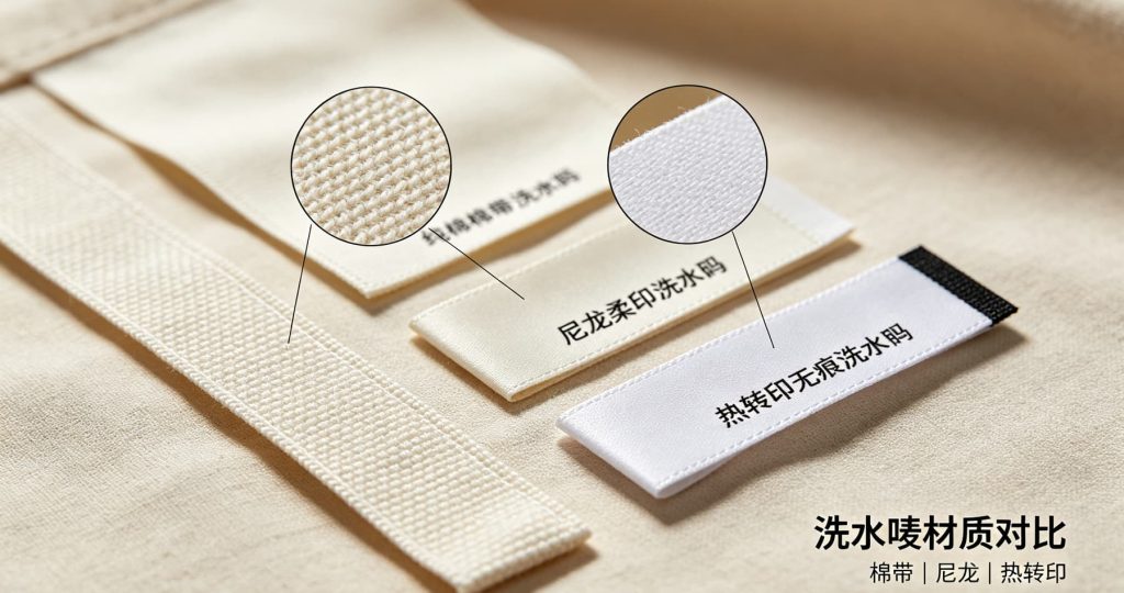 洗水标 (44) 尼龙棉带缎带洗水唛、高密度织唛细节特写,服装辅料材质工艺实拍