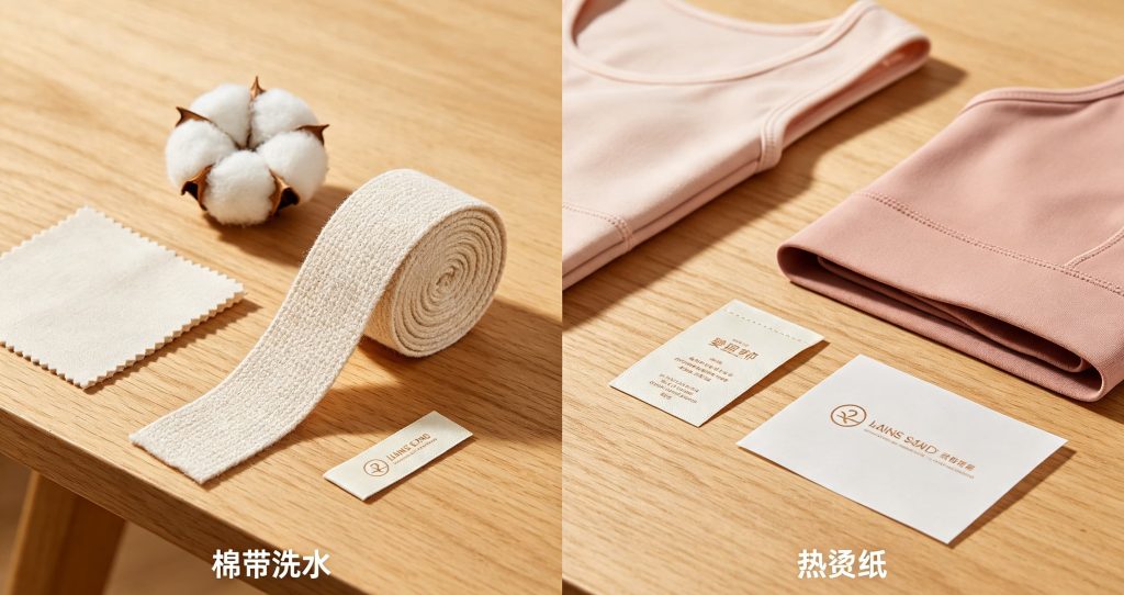 棉带洗水标与热转印洗水标对比实拍，婴童服饰与运动服饰标签样品