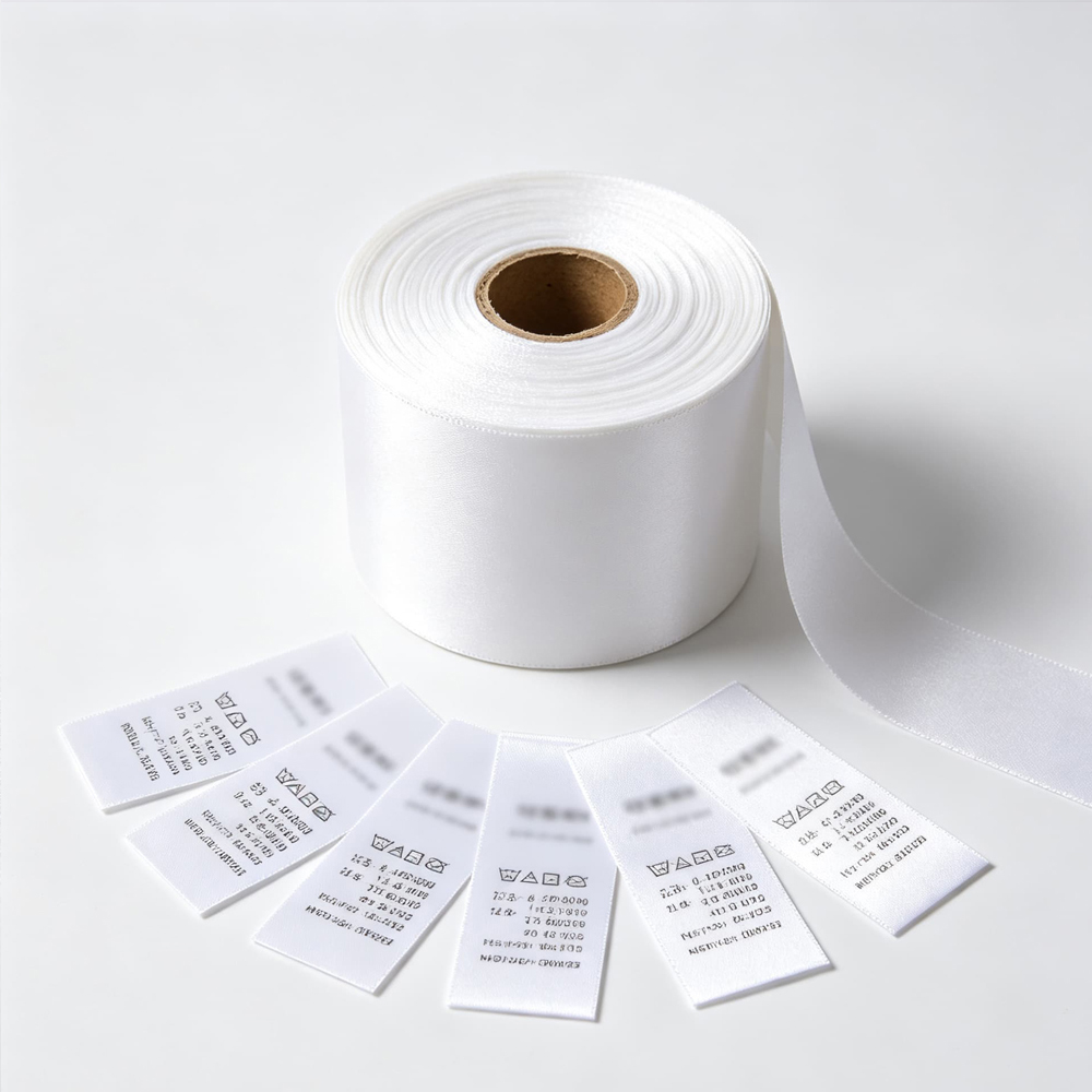 Polyester satin garment label material, soft silky fabric for premium clothing care labels 丝带洗水标