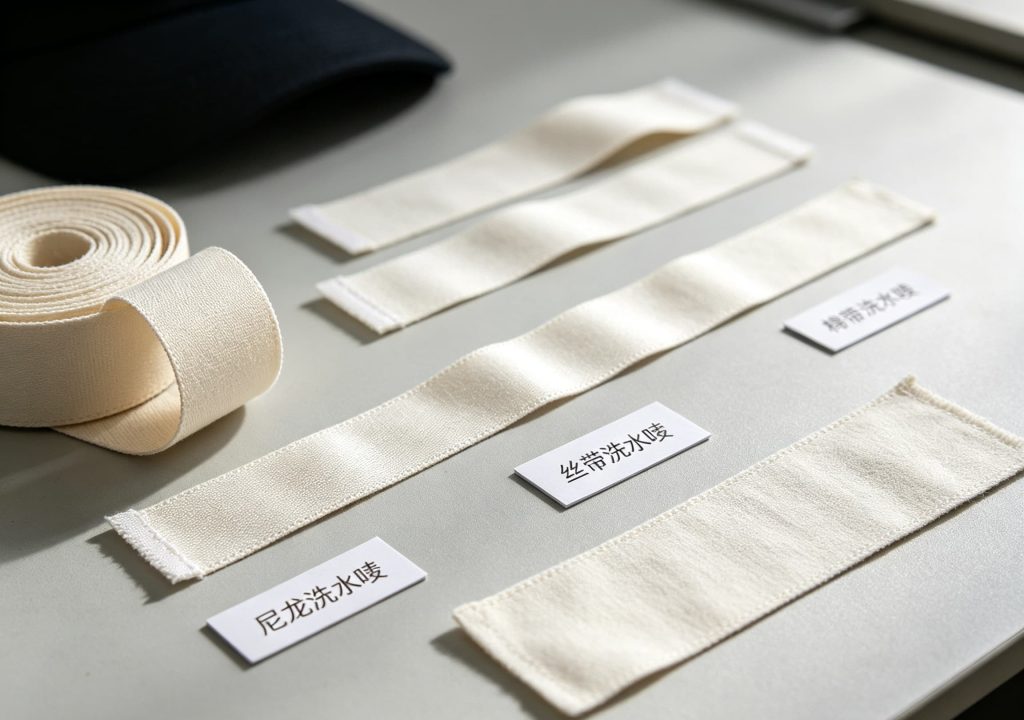 尼龙、丝带、棉带帽子洗水唛材质样品对比实拍 尼龙、丝带、棉带帽子洗水唛材质样品对比实拍