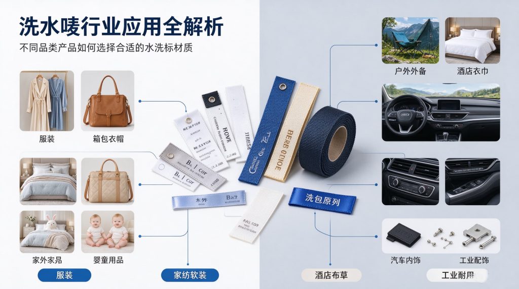 洗水唛行业应用总览，服装、箱包、家纺、婴童、户外、酒店布草、汽车内饰、工业产品水洗标应用