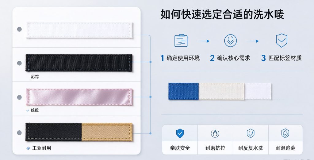 洗水唛材质选型指南，棉带、尼龙带、缎面标签、工业耐用标签对比