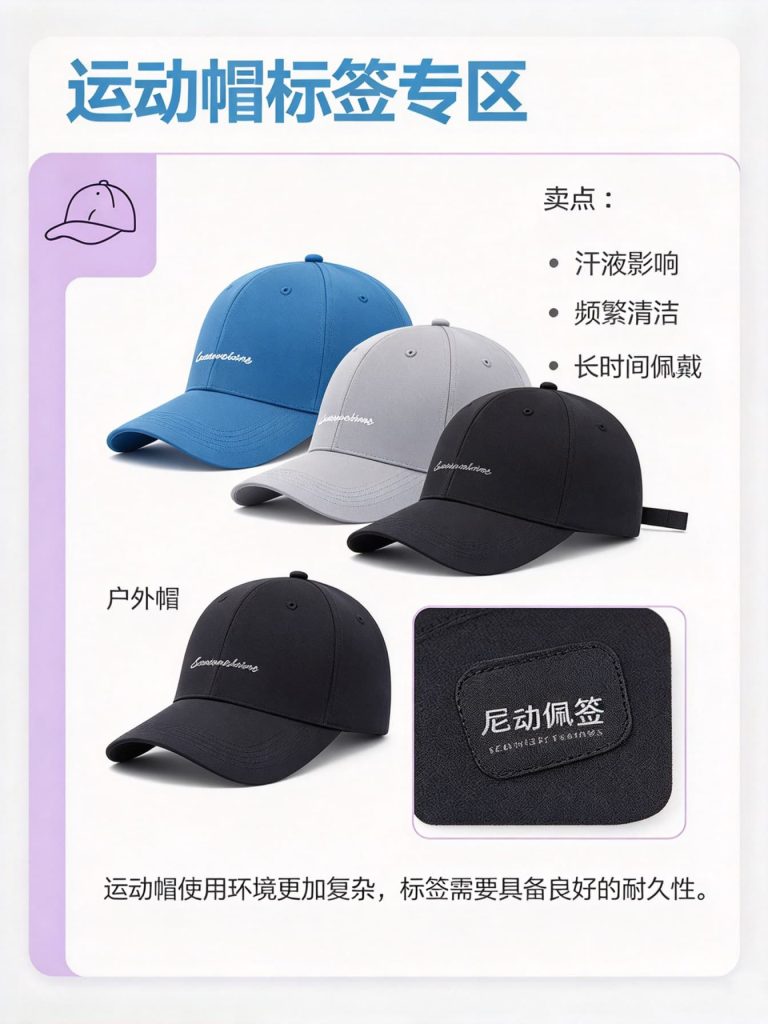 运动帽洗水标，抗汗液、耐水洗耐磨帽子标签